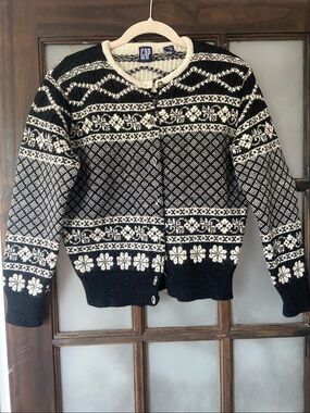 Vintage GAP Black & Cream Fair Isle Knit 100% Wool Cardigan